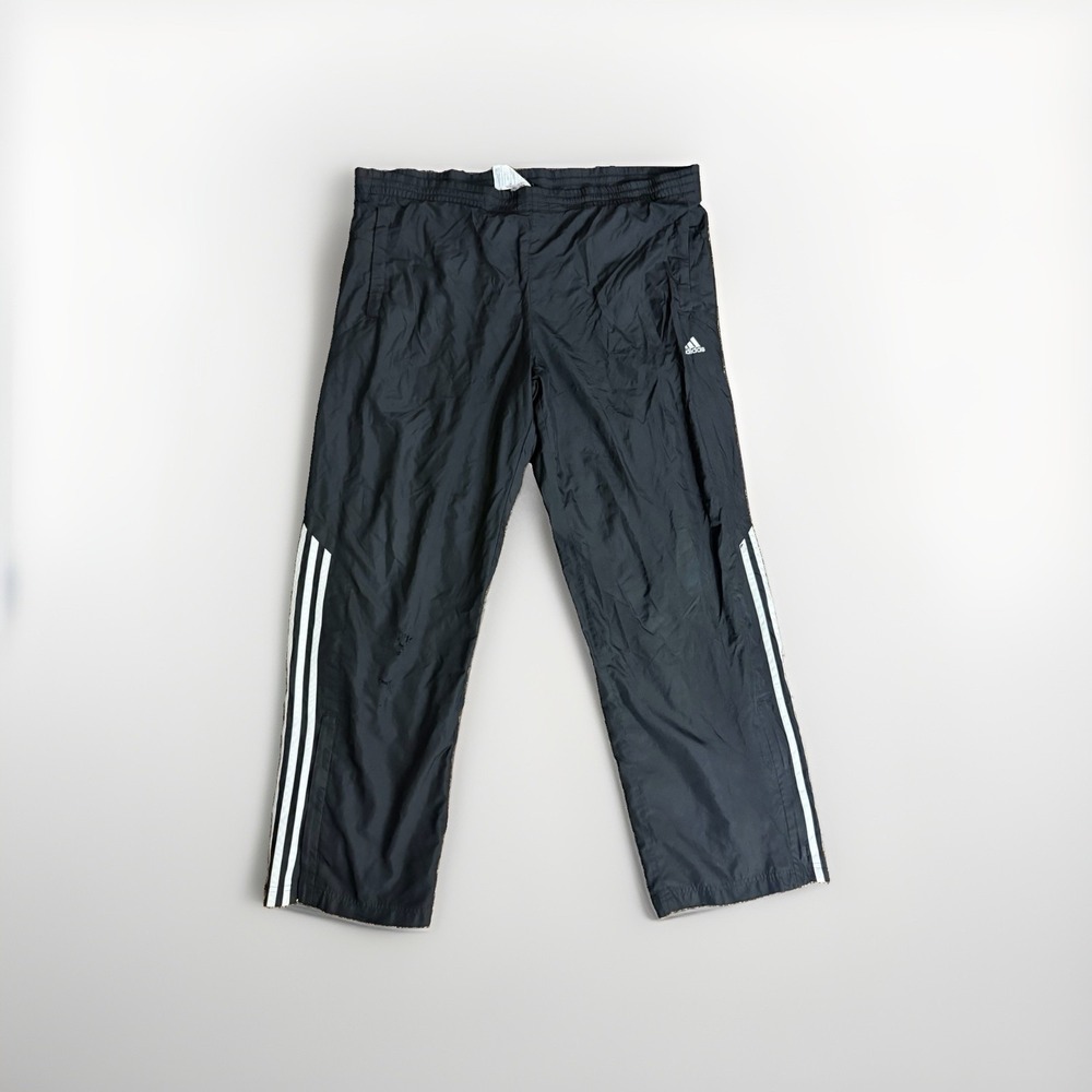 Adidas black three striped windbreaker sweatpants, men's medium
